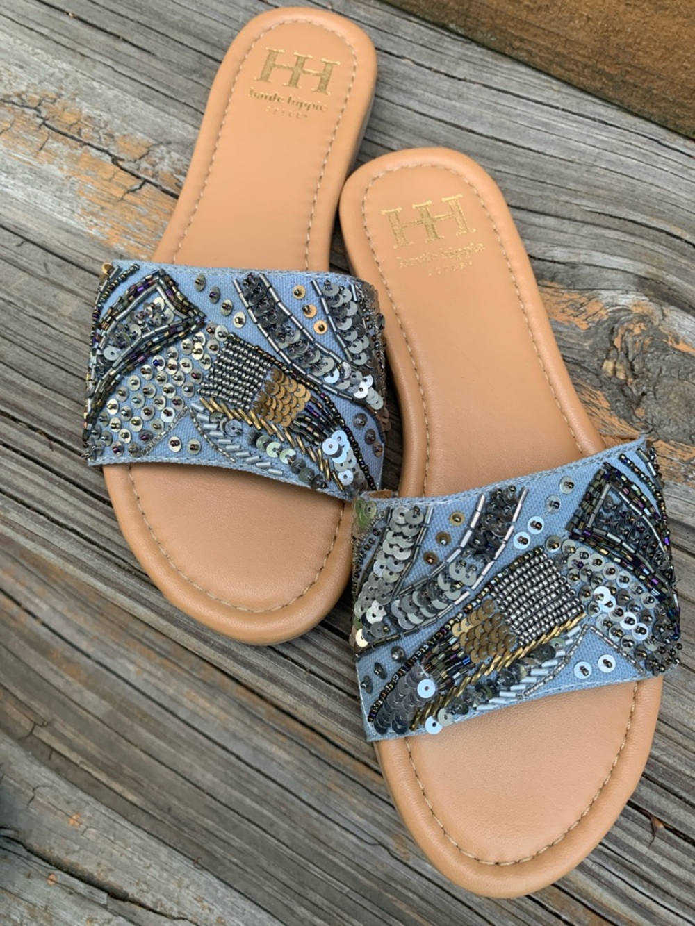 Haute Hippie Embellished Blue Slide Sandals - Tan Footbed Size 7.5
